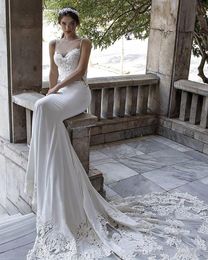 Simple Vintage Cheap Mermaid Dresses Sheer Neck Court Train Vestidos De Novia Lace Backless Wedding Dress Bridal Gown