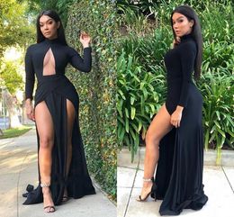 Sexy Long Sleeves Black Prom Dresses High Neck Split Sides Floor Length Plus Size Evening Party Dresses Zipper Up