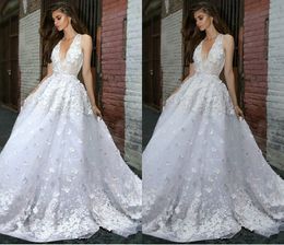 floral wedding dresses vneck sleeveless lace appliqued hand made flower bridal gown tulle sweep train custom made robes de marie hot sell