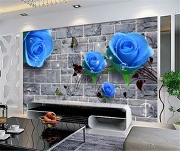 Wholesale Space 3d Wallpaper High Definition Blue Rose Brick Wall 3D Digital Printing HD Decorative Wall paper Beautiful Wallpaper