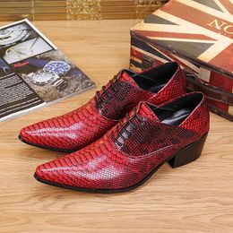 Fashion Red Snake Skin Men Party Dress Shoes Genuine Leather High Heel Oxford Shoes for Men Lace Up Formal Leather Shoes Male