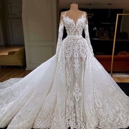 Luxury Mermaid Wedding Dresses with Detachable Train Long Sleeve Lace Appliques Vestido De Novia Arabic Dubai Middle East Bridal Gowns