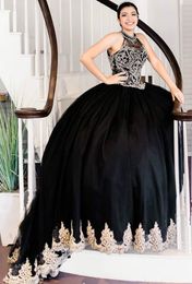 Black Lace Beaded Quinceanera Prom Dresses Sheer Neck Ball Gown Tulle Evening Party Sweet 16 Dress ZJ188