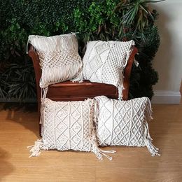 Home Cotton Thread 45X45cm Bohemia Ethnic Beige Macrame Pillow Cover Cushion Geometry Hand-woven Tassels Pillow Case