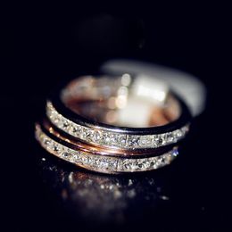 Wholesale- Luxury Jewellery 925 Sterling Silver&Rose Gold Fill Full Princess Cut White Topaz CZ Diamond Women Wedding Bridal Ring Gift