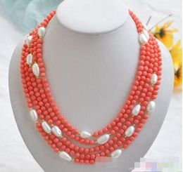 5row natural 17- 21'' rose coral white Baroque5mm pearl necklace