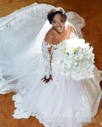 Size A Plus Line Dresses Scoop Neck Lace Applique Sweep Train African Long Sleeves Wedding Bridal Gown Vestido De Novia pplique frican