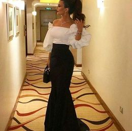 Black and White Evening Dresses puff sleeve strapless Off the Shoulder Puffy 3/4 Long Sleeves Floor Length Mermaid Prom Gowns sweep train