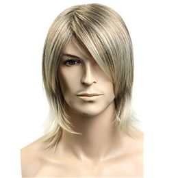 Brand New Blonde Gerade Synthetische Faser Haar Perucke Fur Manner Cosplay Halloween Mittlere Lange Perucken Fur Durchschnittliche Grosse
