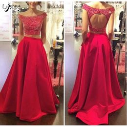 Fuchsia Lady Prom Dress Two Pieces Prom Event Gown Suits High Waist Backless Beaded Crop Top with Pockets Maxi Bottoms Graduation Prom Wear