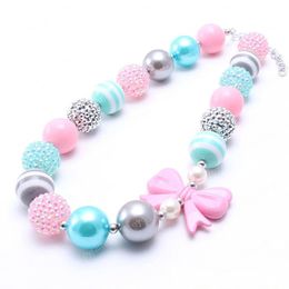 MHS.SUN Cute Bow Fashion Baby Kid Chunky Necklace Best Gift Pink Colour Bubblegume Bead Chunky Necklace Jewellery For Baby Kid Girl