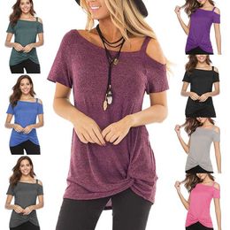 Solides Damen-Kalt-T-Shirt, unregelmäßige schulterfreie Kurzarmblusen, Tunika-Oberteile mit Knoten und Twist-Front vorne