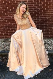 Bling Simple A-Line Prom Dresses Beaded Crystal Satin Jewel Neck Sleeveless Sweep Train Plus Size Pockets Custom Party Evening Gowns