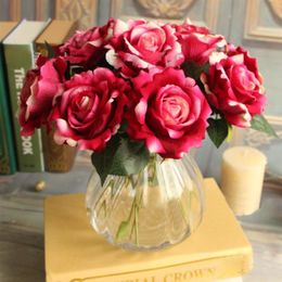 10 pcs/set Bouquet Rose Artificial Flowers Silk Rose Bouquet Flowers with Leaves Wedding Home Decoration Fake Peony Flower