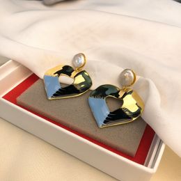 Stud Pendant Love Pearl Earrings Handmade Zircon Jewelry 18K Gold Plated Brass For Women Asymmetric