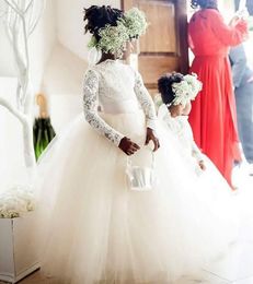 New Long Sleeve Flower Girl Dress Lace Tulle Bateau Neck Floor Length Ball Gown Girls Wedding Party Dresses Custom Size