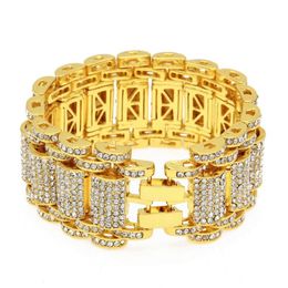 Fashion Design Wide Gold Bracelets Gentlemen Luxury Full Diamond Cubic Zirconia Bracelet Chain For Men Party Gift Width 3.5cm