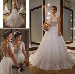 sweep train wedding dress Canada - Luxury 2019 Wedding Dresses V Neck Sweep Train Bridal Gowns Lace Appliques Button Back Plus Size A Line Wedding Dress