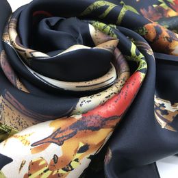 Wholesale- brand black color silk scarves size 130CM-130CM 100% silk material print the flowers pattern hand hemming suqare scarf for women