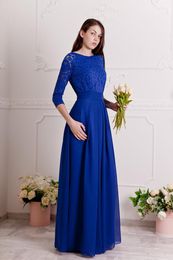 Royal Blue Lace Chiffon A-line Long Modest Bridesmaid Dresses With 3/4 Sleeves Adult Women Boho Modest Wedding Party Dress