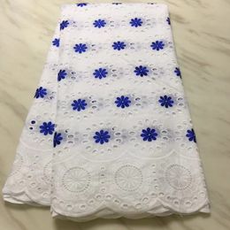 5Yards Hot sale white african cotton fabric with royal blue flower swiss voile lace embroidery for dress BC37-5