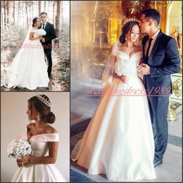 Beautiful Satin White Wedding Dresses Off Shoulder Train Off Shoulder Bride Ball Formal Plus Size Bridal Gown A-Line Vestido de novia