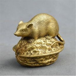Chinese Feng shui Pure Copper Brass Lucky Zodiac Animal Mouse On walnut Statue