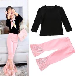 Baby Girl Clothes Kids Clothing Sets Girls Solid Top Lace Flared Trousers Suits Children Casual T Shirt Bell-bottoms Pants Outfits YP468