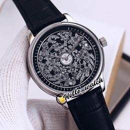 Luxury New Art Master P1100A/000P-B026 Automatic Mens Watch Black 3D Carved Dial Steel Case Black Leather Strap Gents Watches Hello_Watch