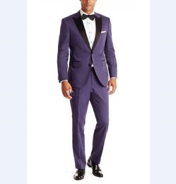 New Fantastic Style Two Buttons Dark Purple Wedding Groom Tuxedos Peak Lapel Groomsmen Mens Dinner Blazer Suits (Jacket+Pants+Tie) 299