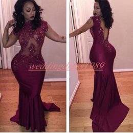 Beautiful Illusion Beads Mermaid African Sexy Prom Dresses Backless Lace Evening Gowns Pageant Robe De Soiree Celebrity Special Occasion