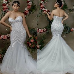 Plus Size Mermaid Wedding Dresses Sexy Strapless Backless Appliqued Lace Wedding Gown Sweep Train Custom Made Vestidos De Novia Cheap