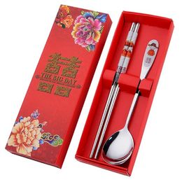 Stainless Steel Dinnerware Double Happiness Red Colour Spoons Chopstick Sets Wedding Party Gifts For Guest SN2724