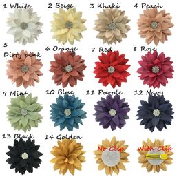 14 Colours 3.5" Popular Children Polyester Fibre Sharp petal Knitted Fabric Flower with rhinestone Full Package Hairpin