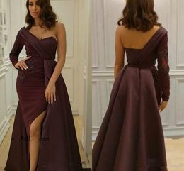 New One Shoulder Long Sleeve Evening Dresses Satin Sheath With Train Floor Length Side Split Dubai Abaya Formal Evening Gowns for Women