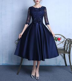 Elegant Satin with Lace Tea Length Mother of the Bride Dresses Detachable Bow Wedding Party Dresses Half Sleeves Evening Dresses 138