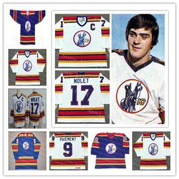 Camisas masculinas de hóquei universitário personalizadas Kansas City Scouts Simon Nolet Denis Herron Steve Durbano branco azul alternativo 1974-1976 com nome vintage