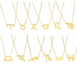 -Moda Zodiac Sign 12 Constelación Collares Colgantes Charm Cadena de oro Acero inoxidable Gargantillas Collares para mujer Joyas de niñas B
