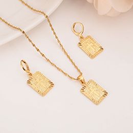 22 K 23 K 24 K Thai Baht Solid Fine Yellow Gold GF Christian Square Cross Pendant Drop Necklace Chain Earrings Sets Jesus Gift