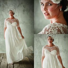 jenny packham bridal Australia - Jenny Packham Plus Size Wedding Dresses With Half Sleeves Sheer Jewel A Line Lace Appliqued Chiffon Empire Waist Wedding Dress Bridal Gowns