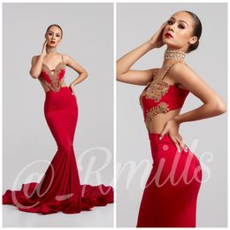 Sexy Mermaid Red Prom Dresses Long Spaghetti Straps Lace Gold Applique Beads Backless Formal Dress Evening Wear Vestidos De Fiesta Largos