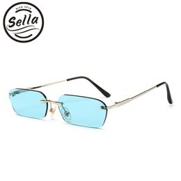 Wholesale-Sella Trending Women Men Small Narrow Tint Lens Sunglasses Fashion Rimless Rectangle Pink Blue Yellow Lens Square Eyewear Shade