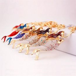 Mermaid Girls Pendant Key Chain 3pcs Beauty Gold Tone Plated Rhinestone Crystal Jewelry Keychain Lobster Clasp Handbag Key Rings