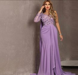 2019 one shoulder Aso Ebi Arabic Lilac Cheap Evening Dresses Lace Beaded flower details Prom Dresses Formal Party Bridesmaid Party Gowns