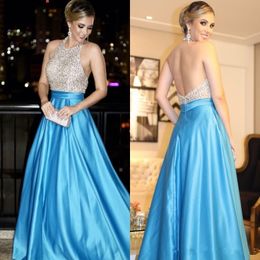 Custom Made Sexy Evening Dresses Backless Prom Dresses Long Halter Beaded Sequin A Line Stain Formal Party Gowns Vestidos De Fiesta