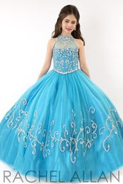 2020 New Crystal Beading Cheap Little Girls Pageant Dresses Tulle Halter Illusion Embroidery Sky Blue Kids Flower Girls Dress Birthday Gowns