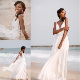 New Arrival Plunging Neckline Beach Wedding Dresses White Appliques Zipper Backless Chiffon Long Bridal Dress 2019 Fashion Wedding Gowns