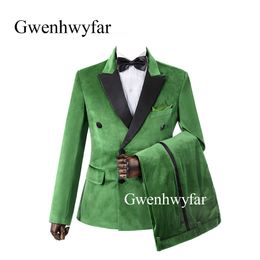 Gwenhwyfar Bright Green Velvet Men Suits 3 Piece Blazer Tailor Made Peak Black Lapel Groom Prom Party Tuxedo Jacket Pants