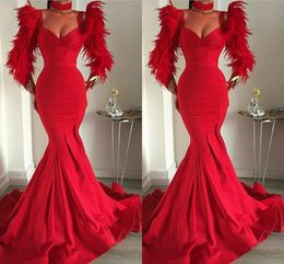 Luxury Feather Prom Dresses Mermaid Red Satin V-neck Spaghetti Evening Gowns Long Elegant Formal Party Special Occasion Dress Vestido De