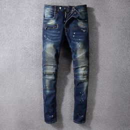 Hot BM1067 Skinny Slim Fit Washed Coating material Luxury Denim Elastic Motorcycle Men Jeans Designer Splash ink Men Jeans